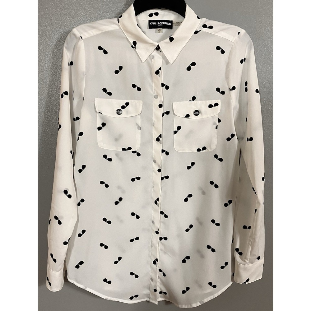 Karl Lagerfeld White Black Sunglasses Roll Tab Sleeve Button Up Collar Blouse XS